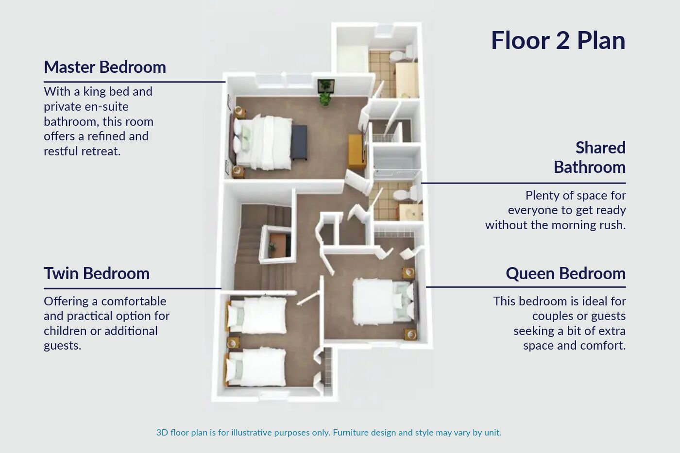 Plano de planta en 3D de una habitación de hotel que muestra una habitación principal, dos habitaciones individuales, una habitación con cama tamaño queen y un baño compartido.