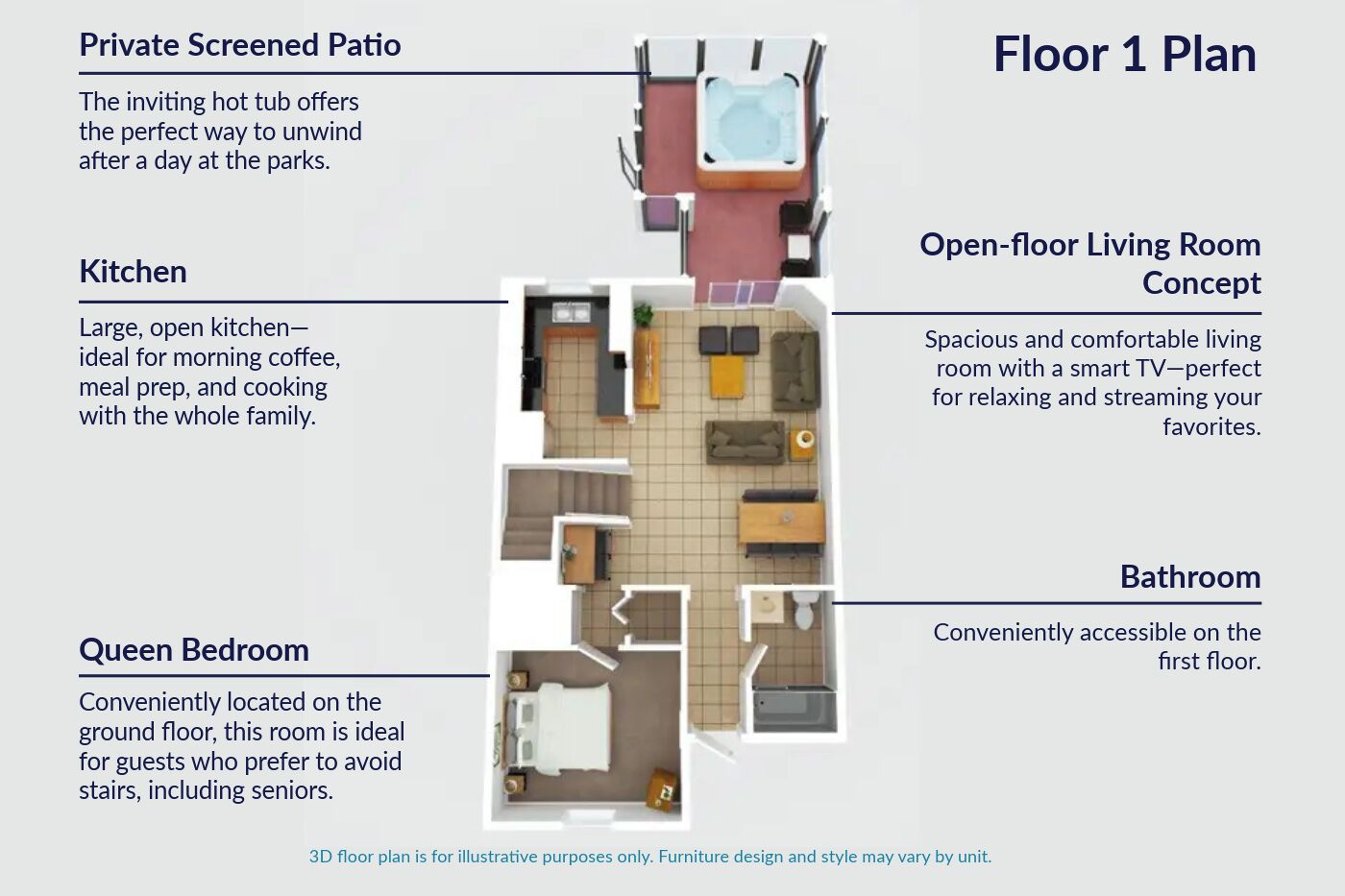 A 3D floor plan of a hotel room with a private screened patio, open-floor living room concept, kitchen, queen bedroom, and bathroom.