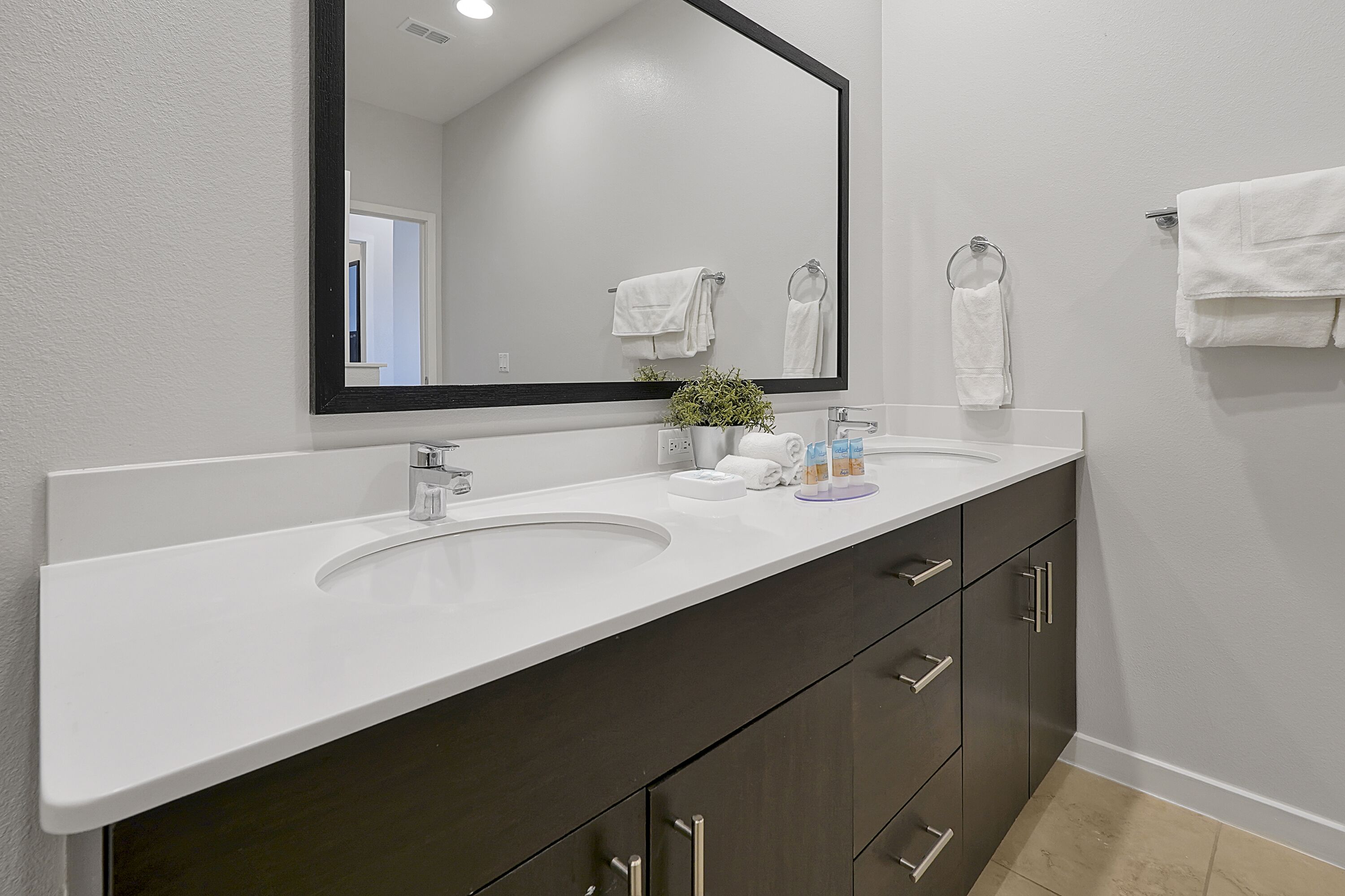 Une salle de bain avec un lavabo blanc, des meubles sombres, un grand miroir et une plante en pot.