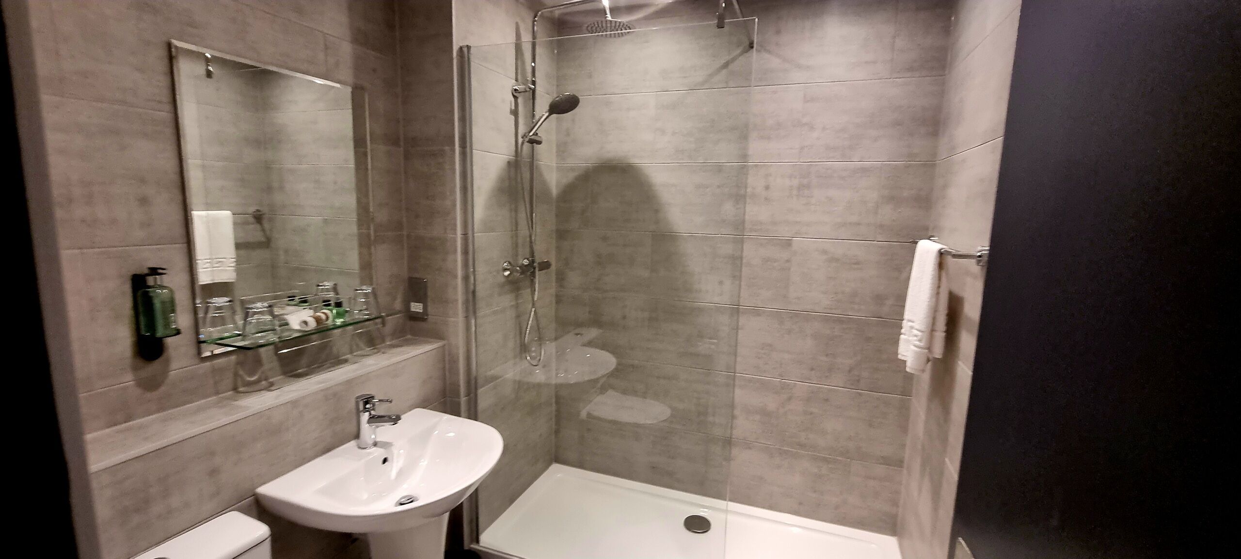 Une salle de bain moderne avec une douche à parois de verre, un lavabo blanc et des toilettes.