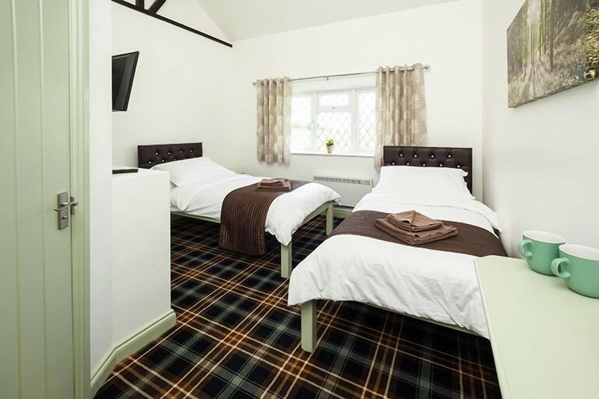 A bedroom with two beds, a window with curtains, a radiator, and a painting on the wall.
