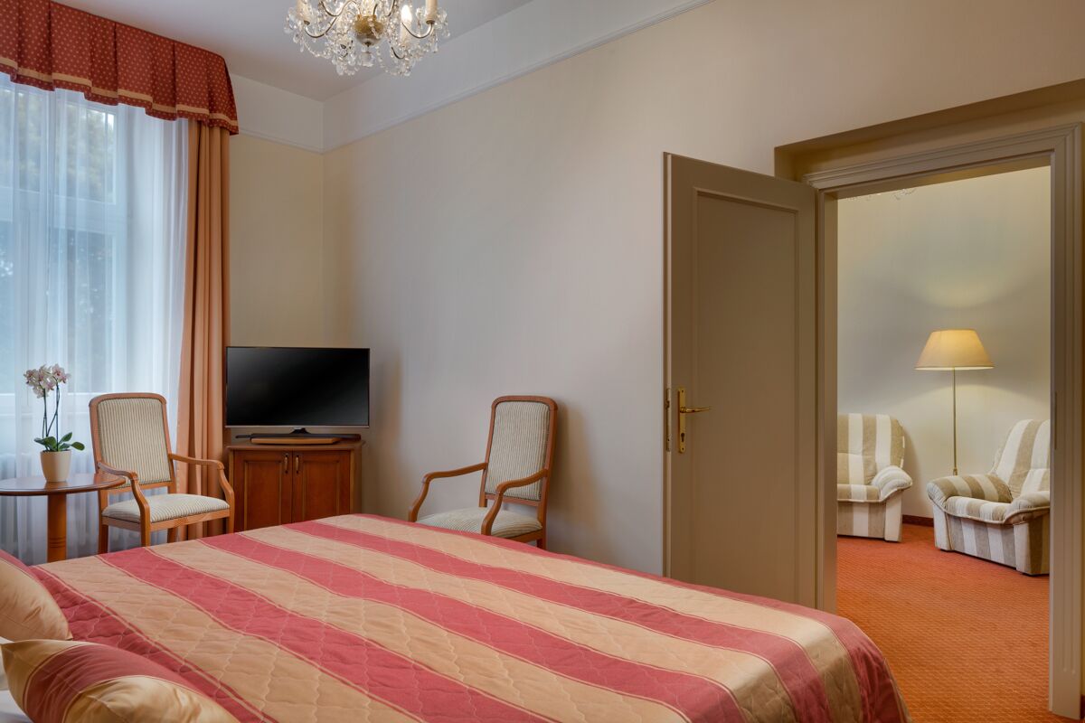 Ein Hotelzimmer mit einem Bett, einem Fernseher, zwei Sesseln, einem kleinen Tisch mit einer Pflanze und einer Tür zu einem weiteren Raum.