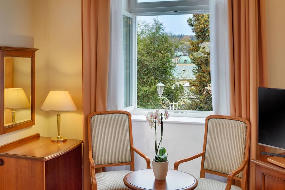 A hotel room with two chairs, a table with a potted orchid, a lamp, a television, and a window with a view of buildings and trees.