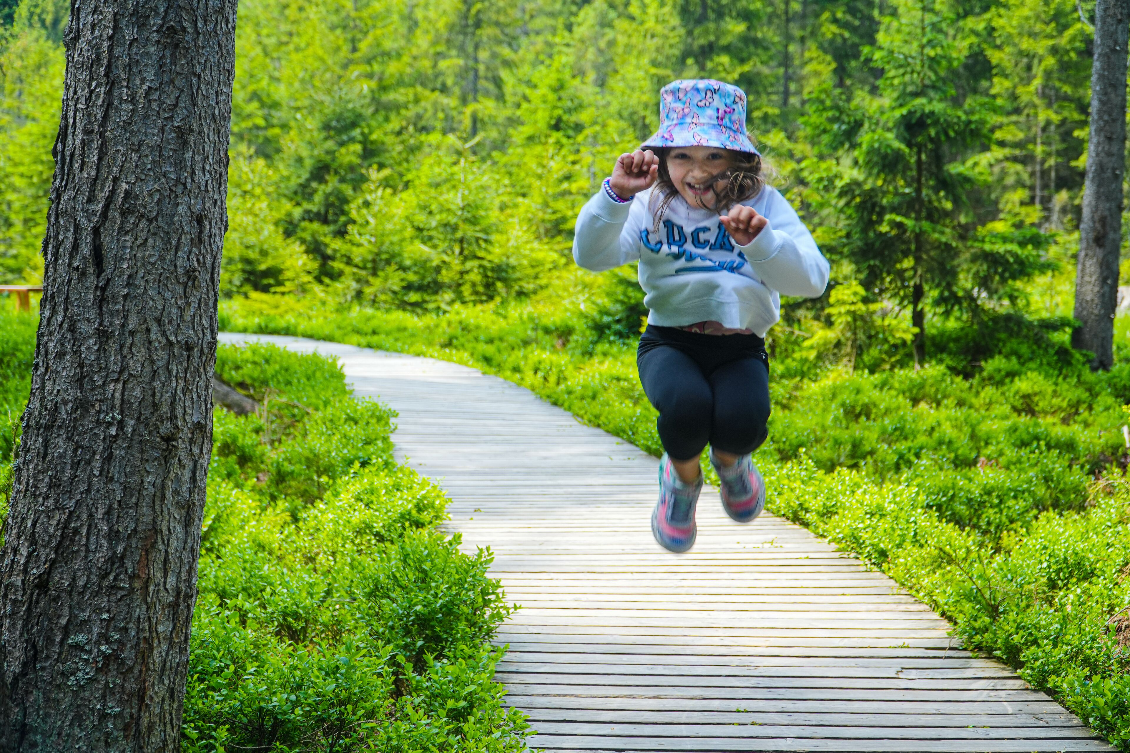 A child jumping on a wooden boardwalk surrounded by lush greenery.