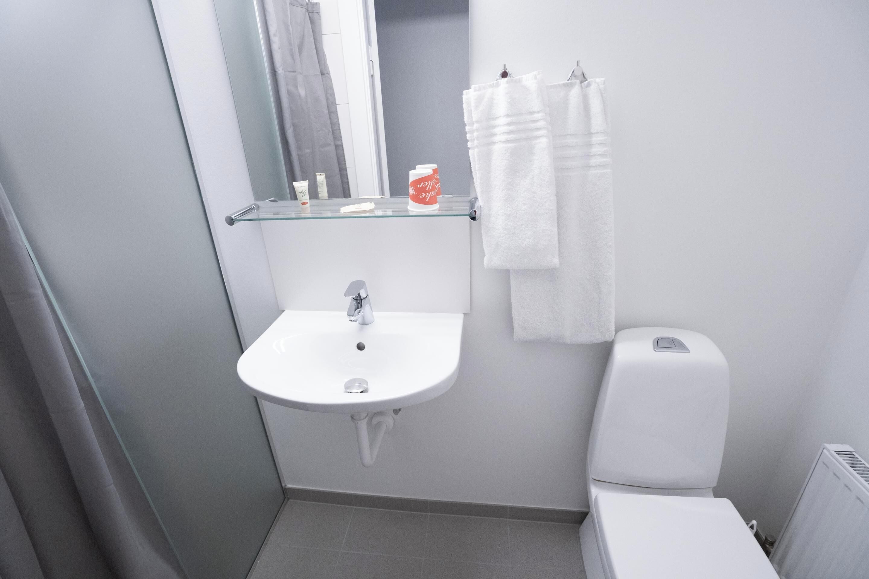 Une salle de bain avec un lavabo blanc, une étagère en verre où sont rangés les articles de toilette, des toilettes et un porte-serviettes.