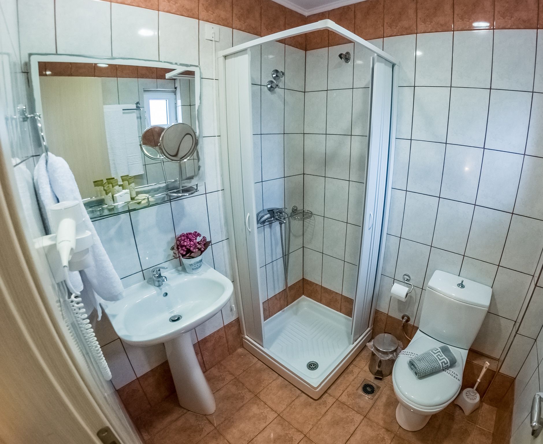Kylpyhuone, jossa on lasiseinällä varustettu suihku, pesuallas ja wc.