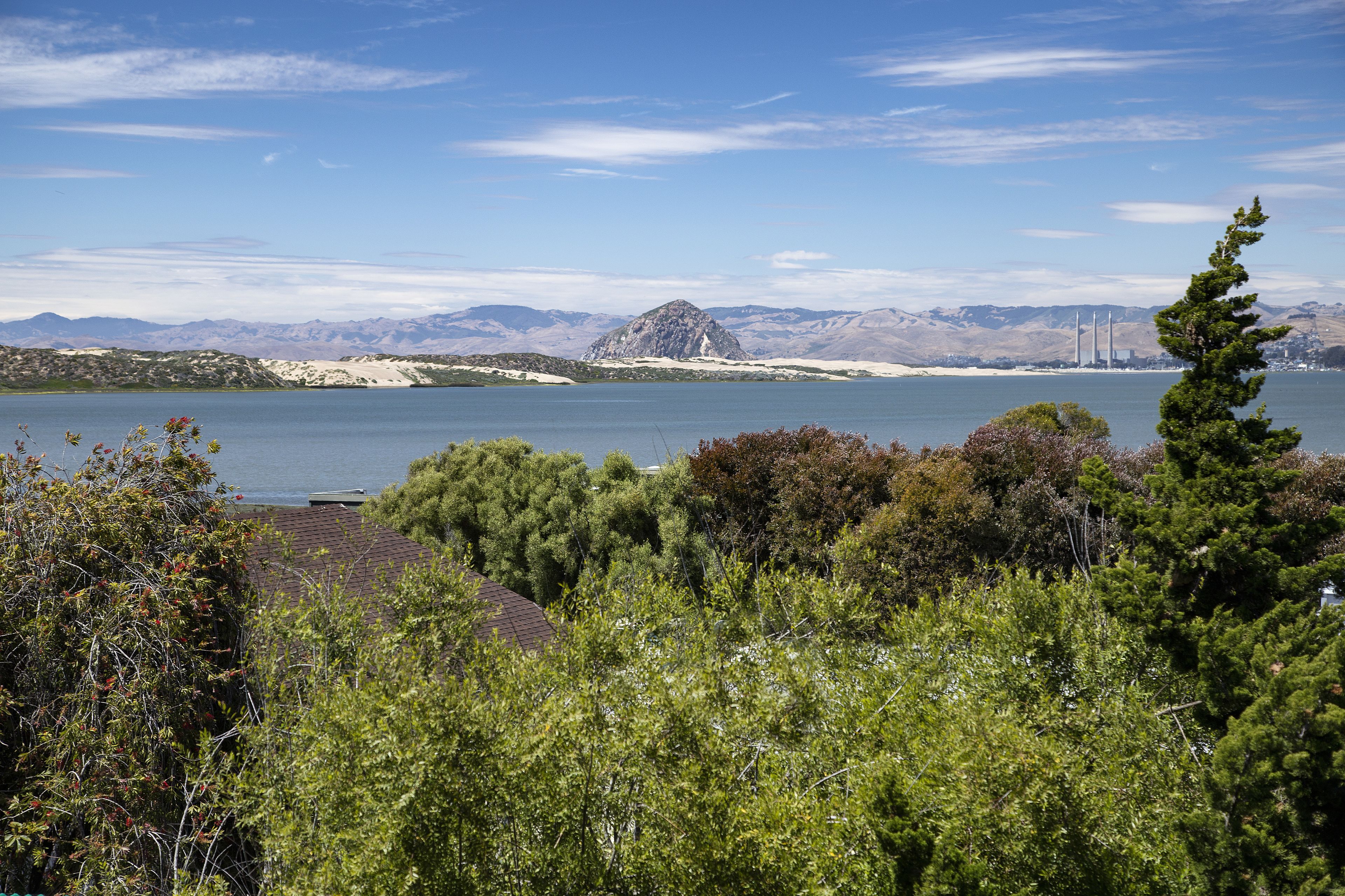 A lake with mountains in the background, a clear sky, and some trees in the foreground.