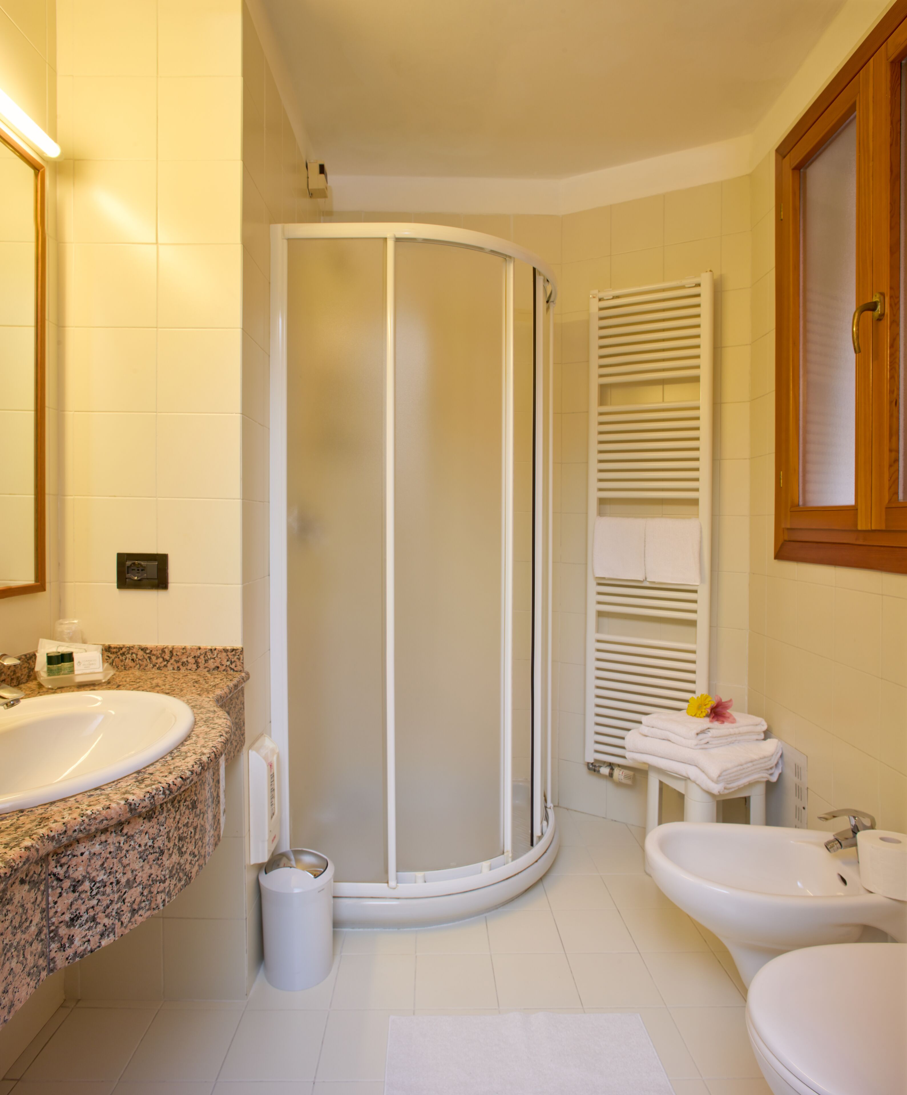 standard double or twin room | bathroom | rainfall showerhead, hair dryer, bidet, towels