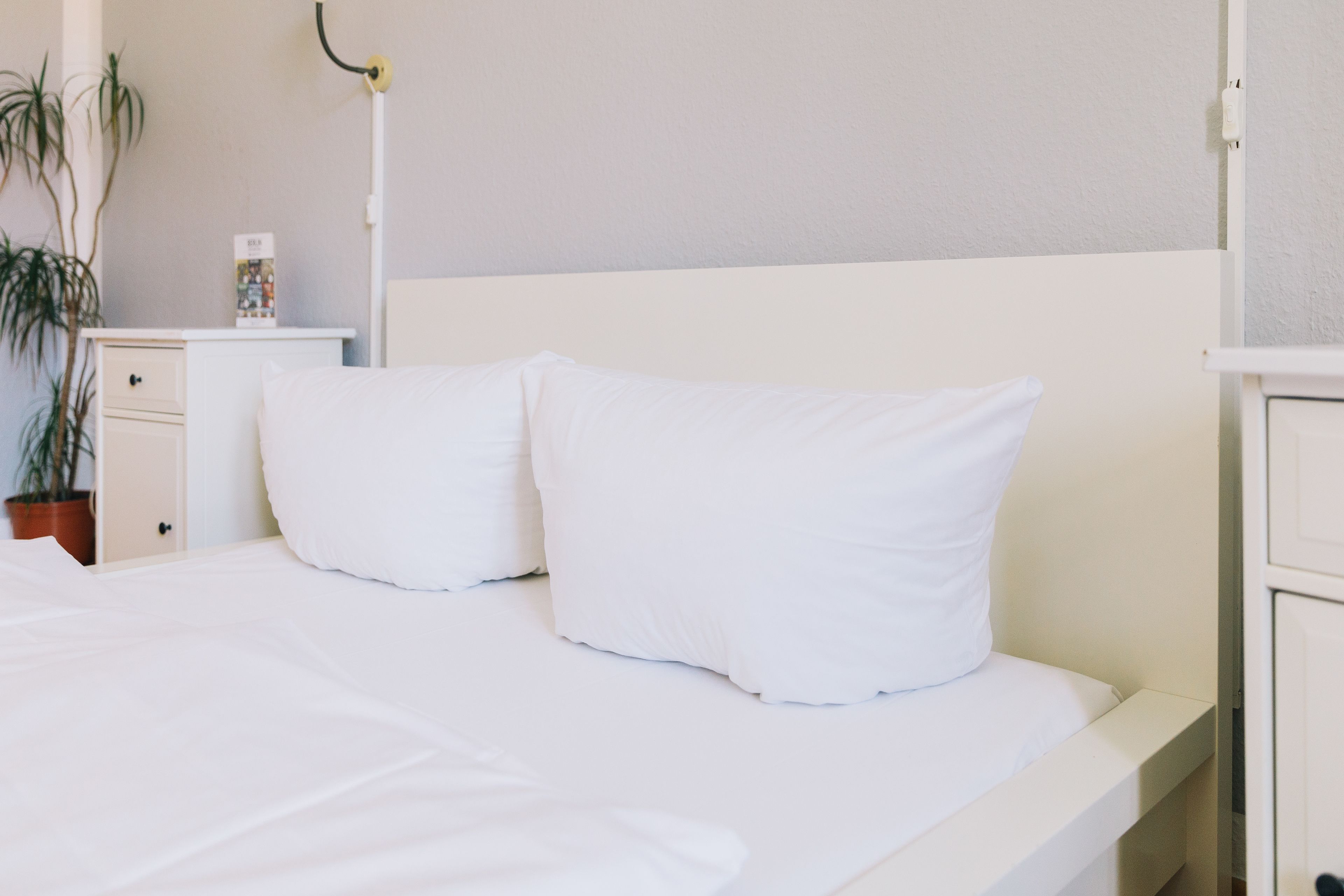 Un letto rifatto con biancheria e cuscini bianchi, un comodino con una lampada e una pianta in vaso.