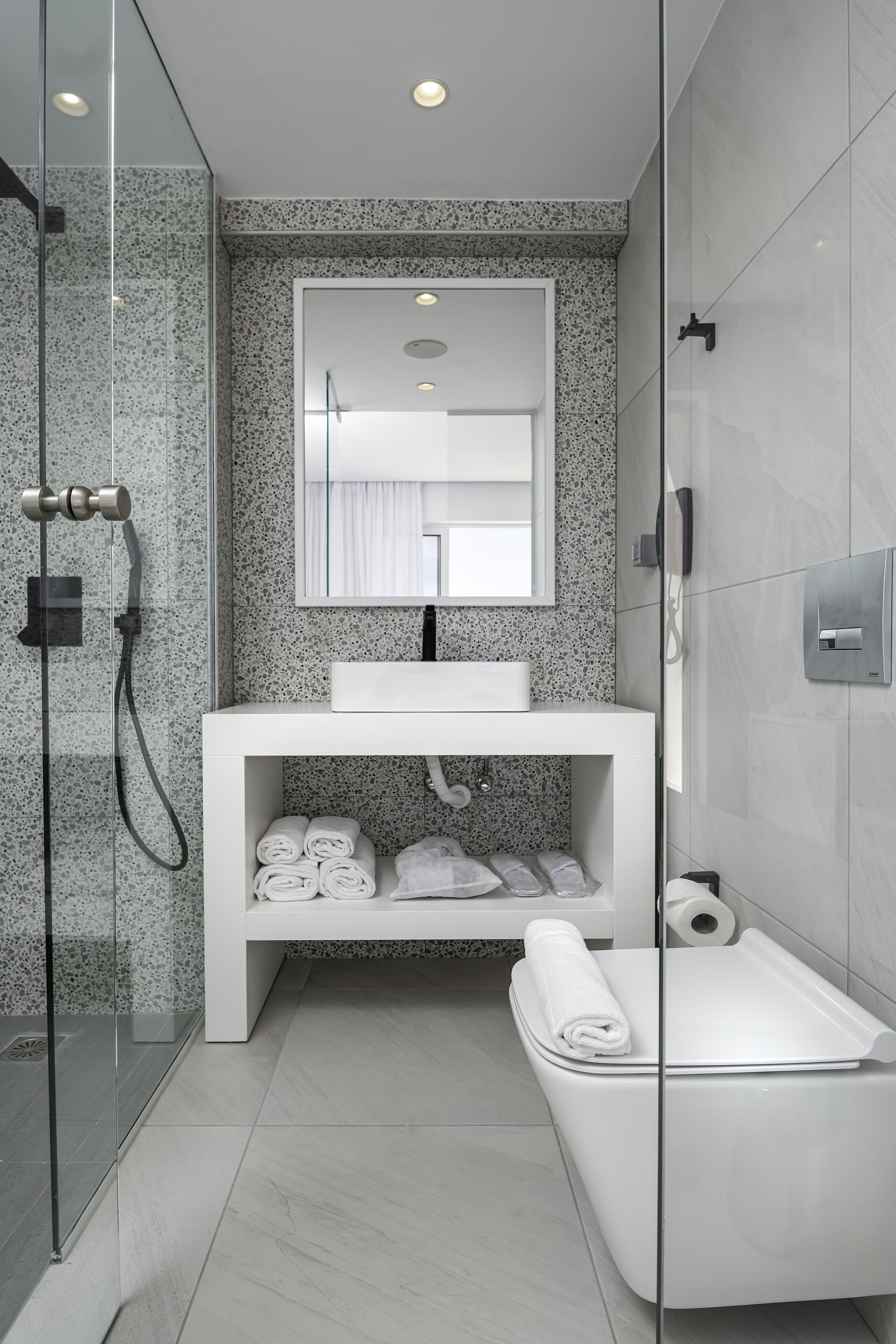 A modern bathroom with a glass-enclosed shower, a white sink, and a toilet.