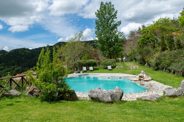 Seasonal outdoor pool, pool umbrellas, pool loungers