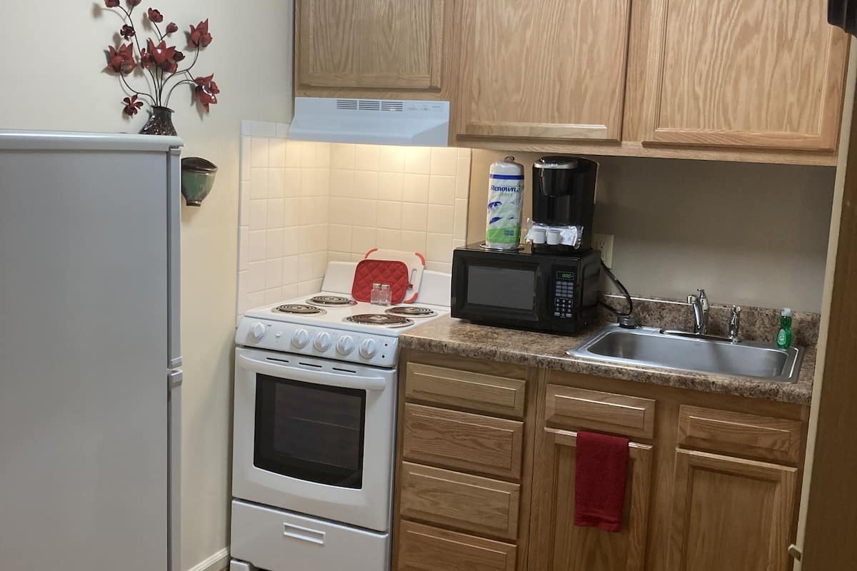 standard studio suite | private kitchen | fridge, microwave, oven, stovetop
