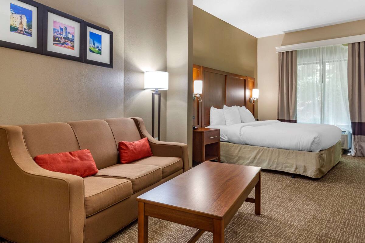 A hotel room with a sofa, a bed, a nightstand, a lamp, and framed pictures on the wall.