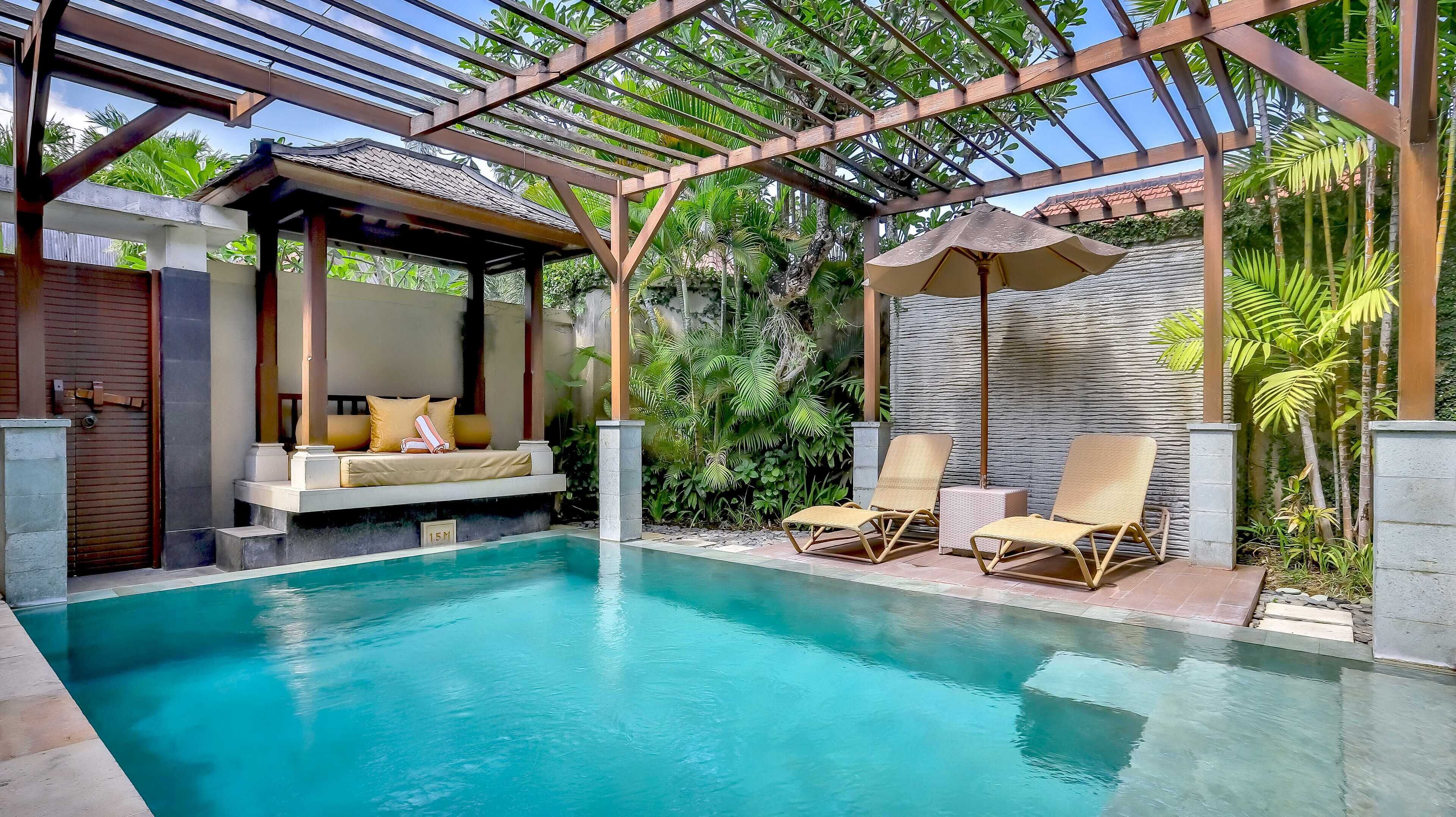 outdoor pool, pool umbrellas, pool loungers