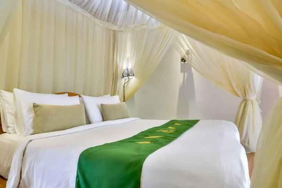 A room with a bed, white bedding, a green throw, and a canopy.