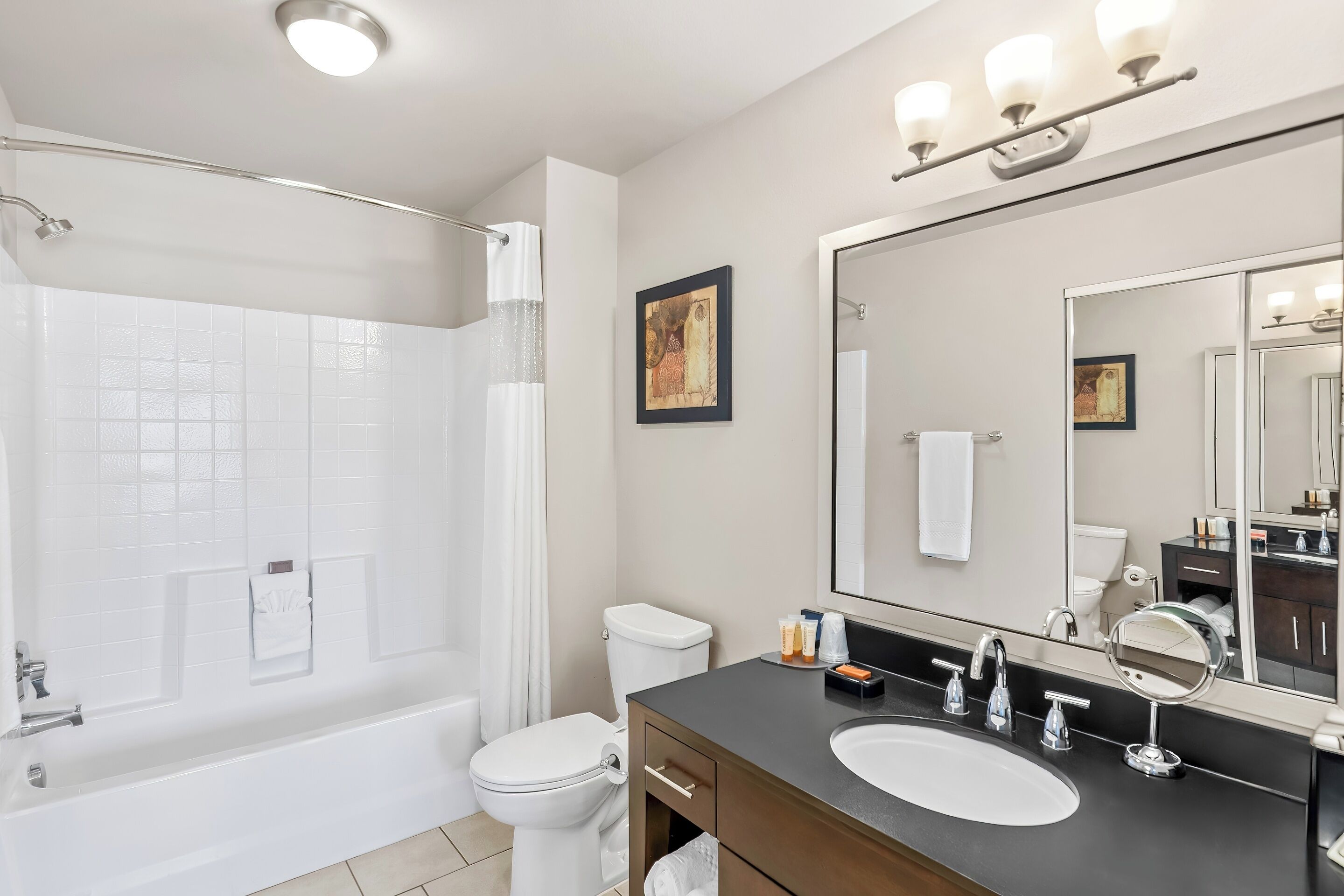 hair dryer, towels, soap, shampoo