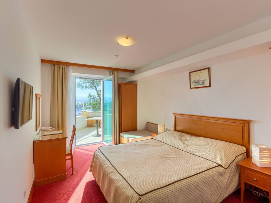 A hotel room with a bed, a desk, a chair, a TV, and a view of the outdoors.