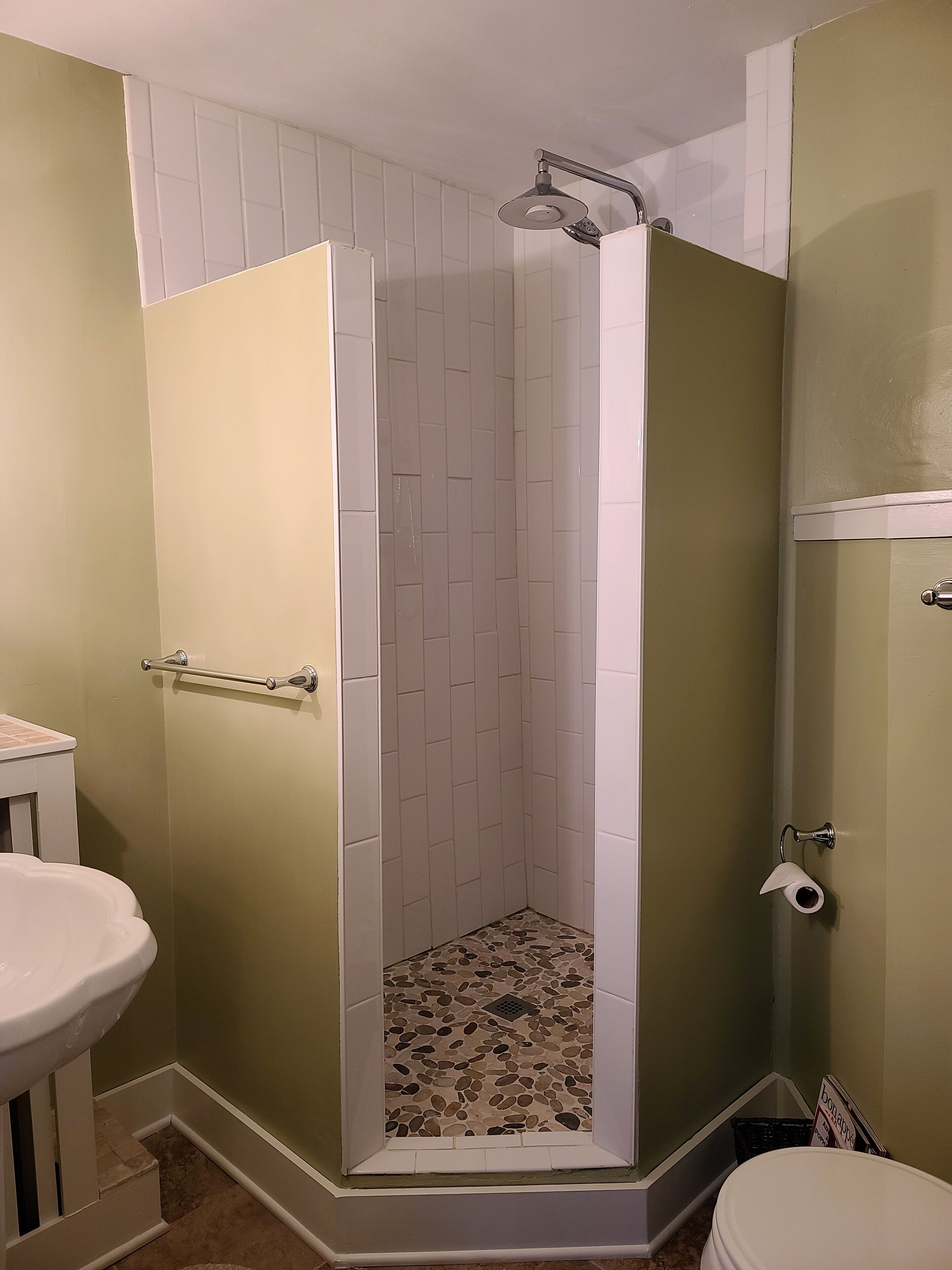 A bathroom with a shower, a toilet, and a sink.