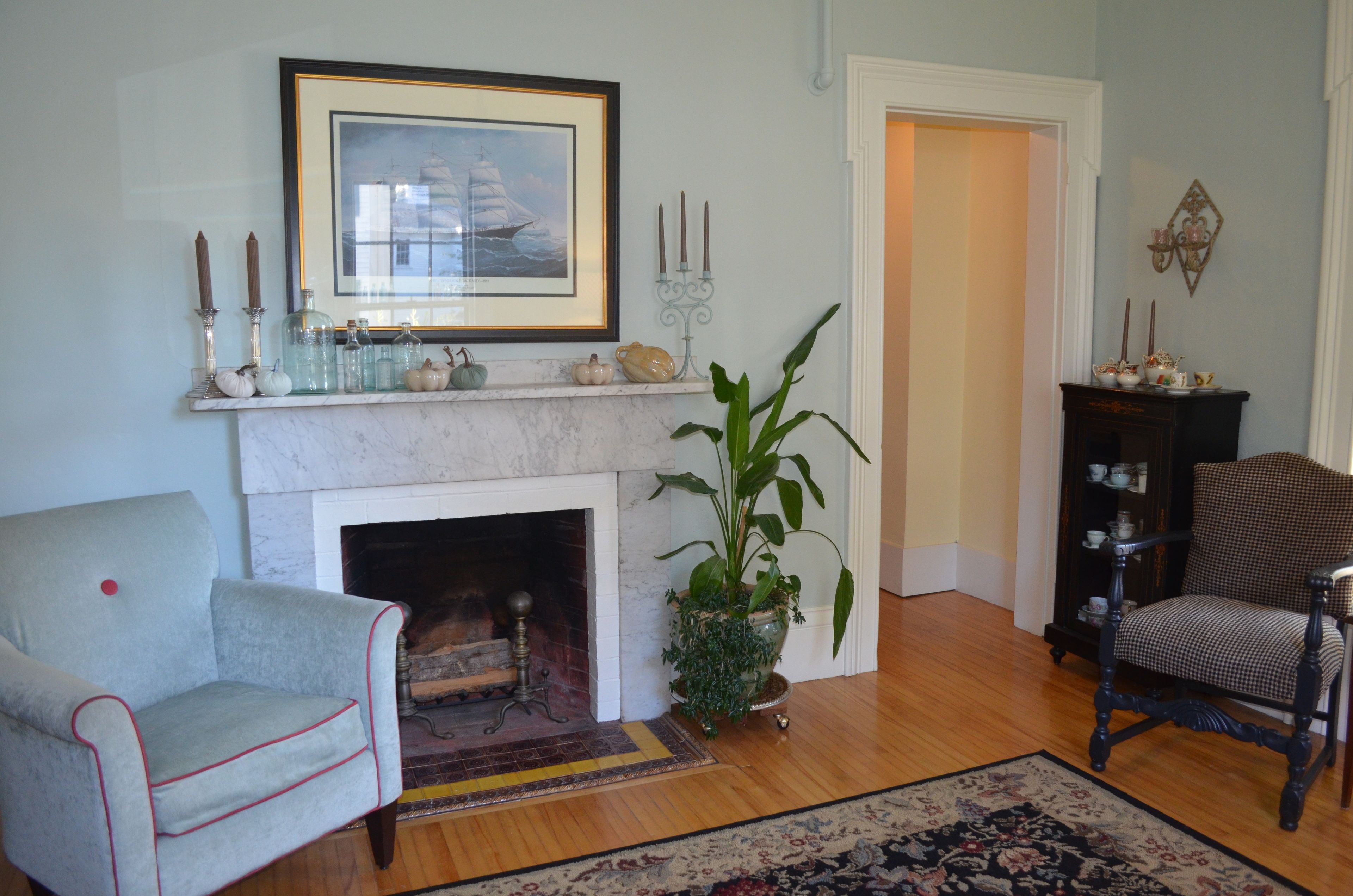 A living room with a fireplace, a framed picture, a potted plant, and two chairs.