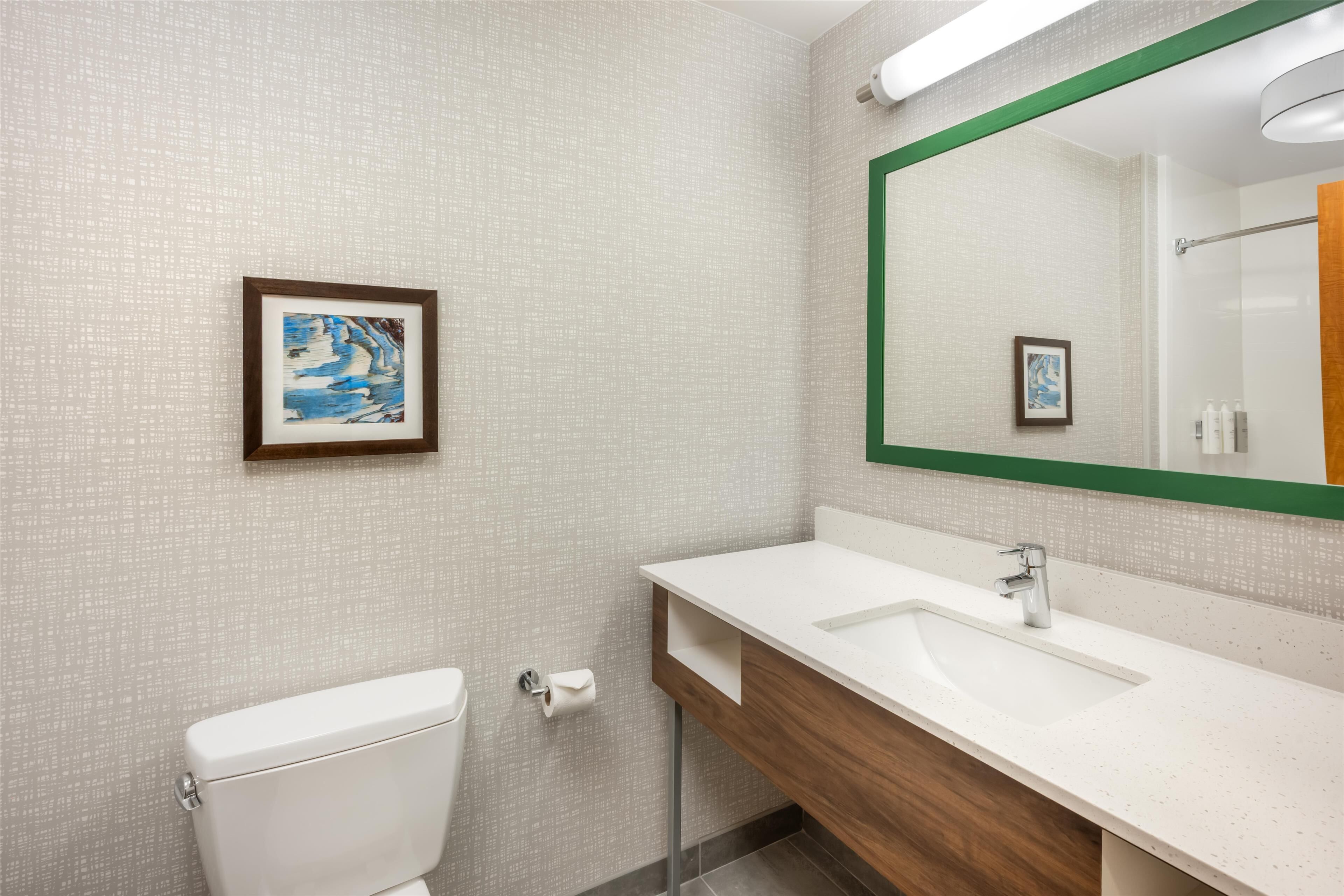 A bathroom with a toilet, sink, and mirror.