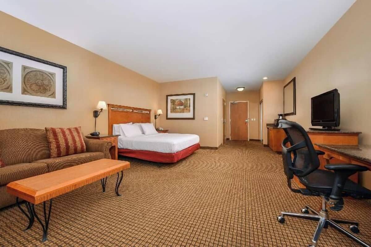 Una habitación de hotel con cama, escritorio, silla, sofá y televisor.