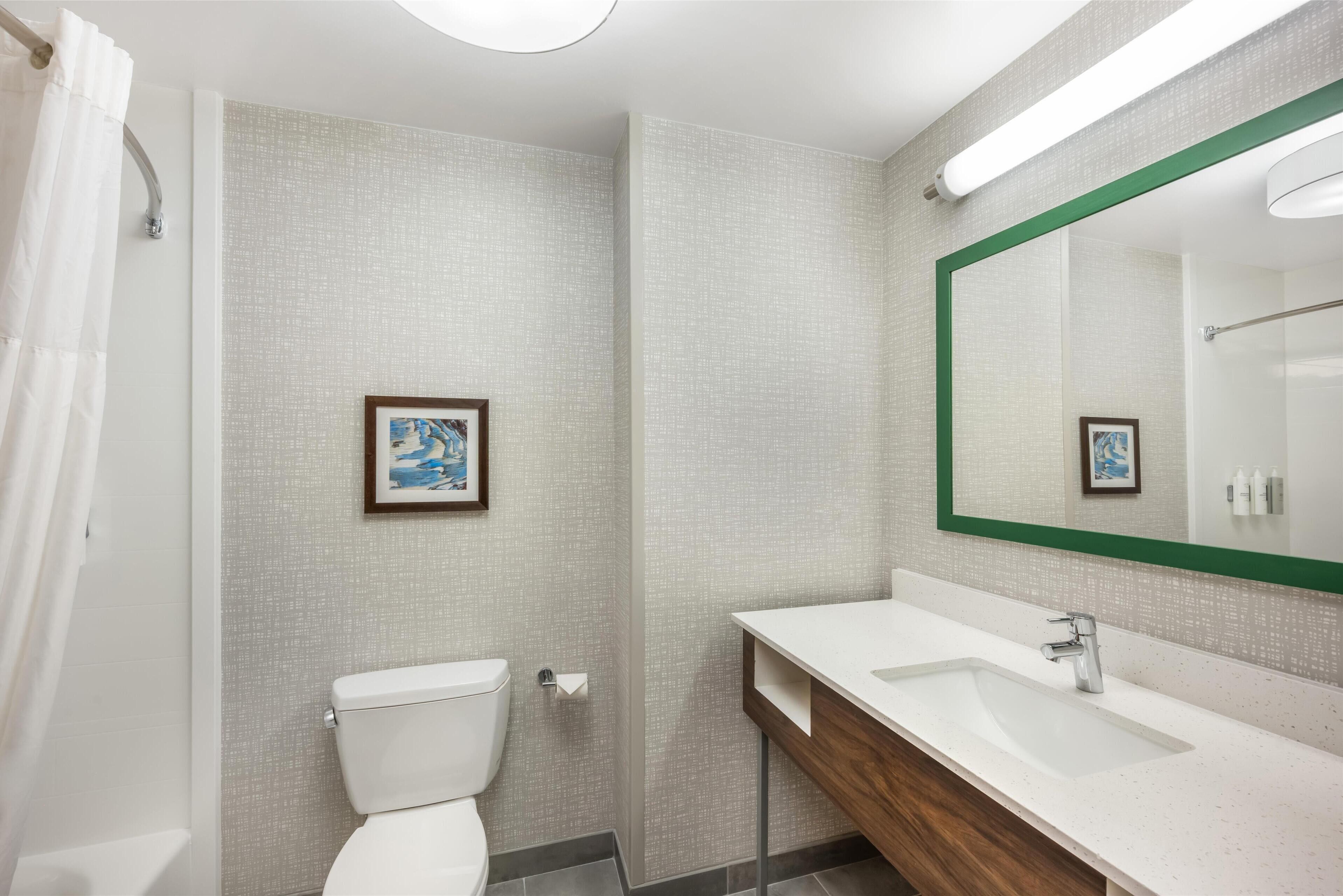 A bathroom with a white toilet, a sink with a wooden vanity, and a large mirror with a green frame.