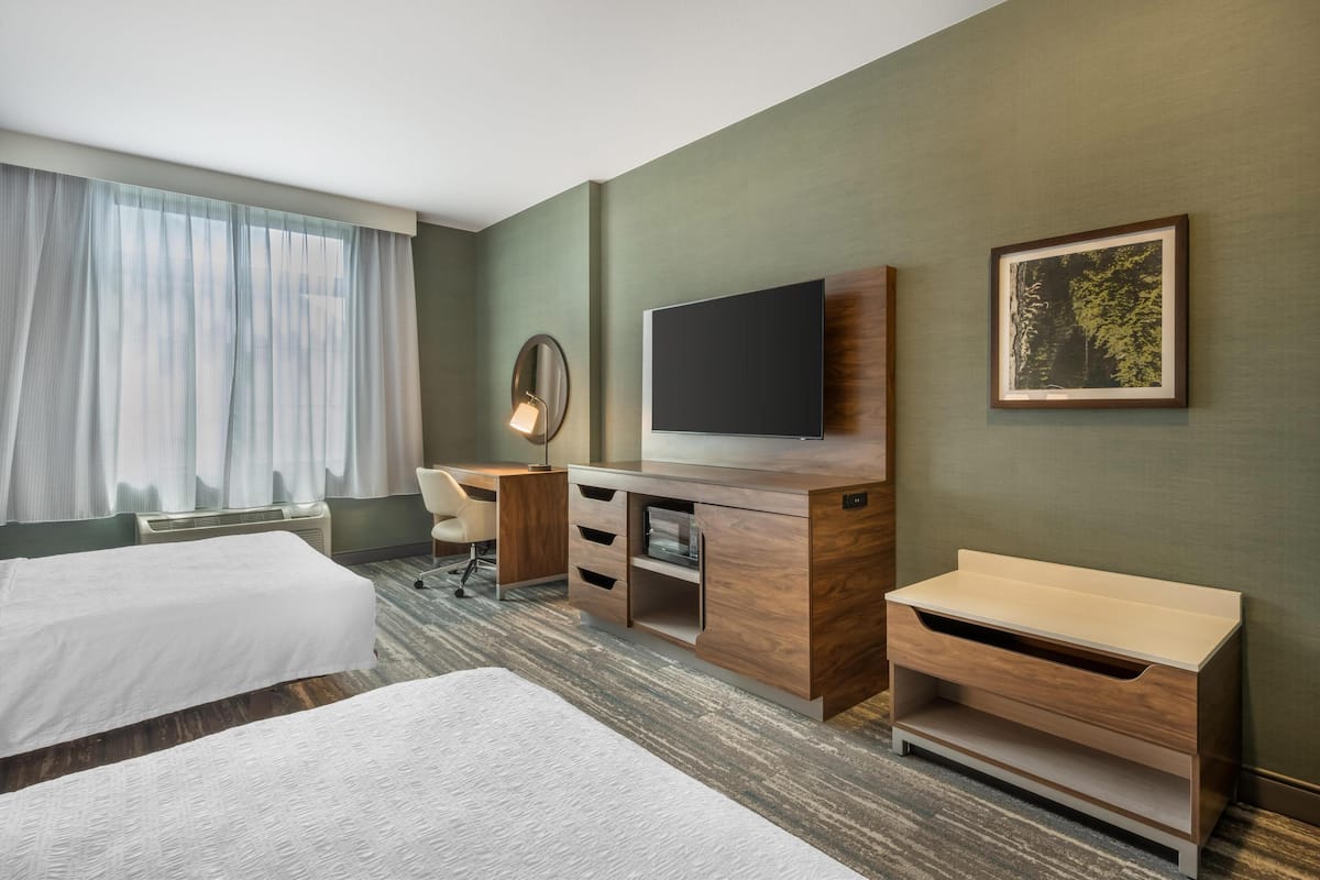 Habitación de hotel con dos camas, un escritorio con televisión de pantalla plana, una silla, una lámpara de escritorio y un cuadro en la pared.
