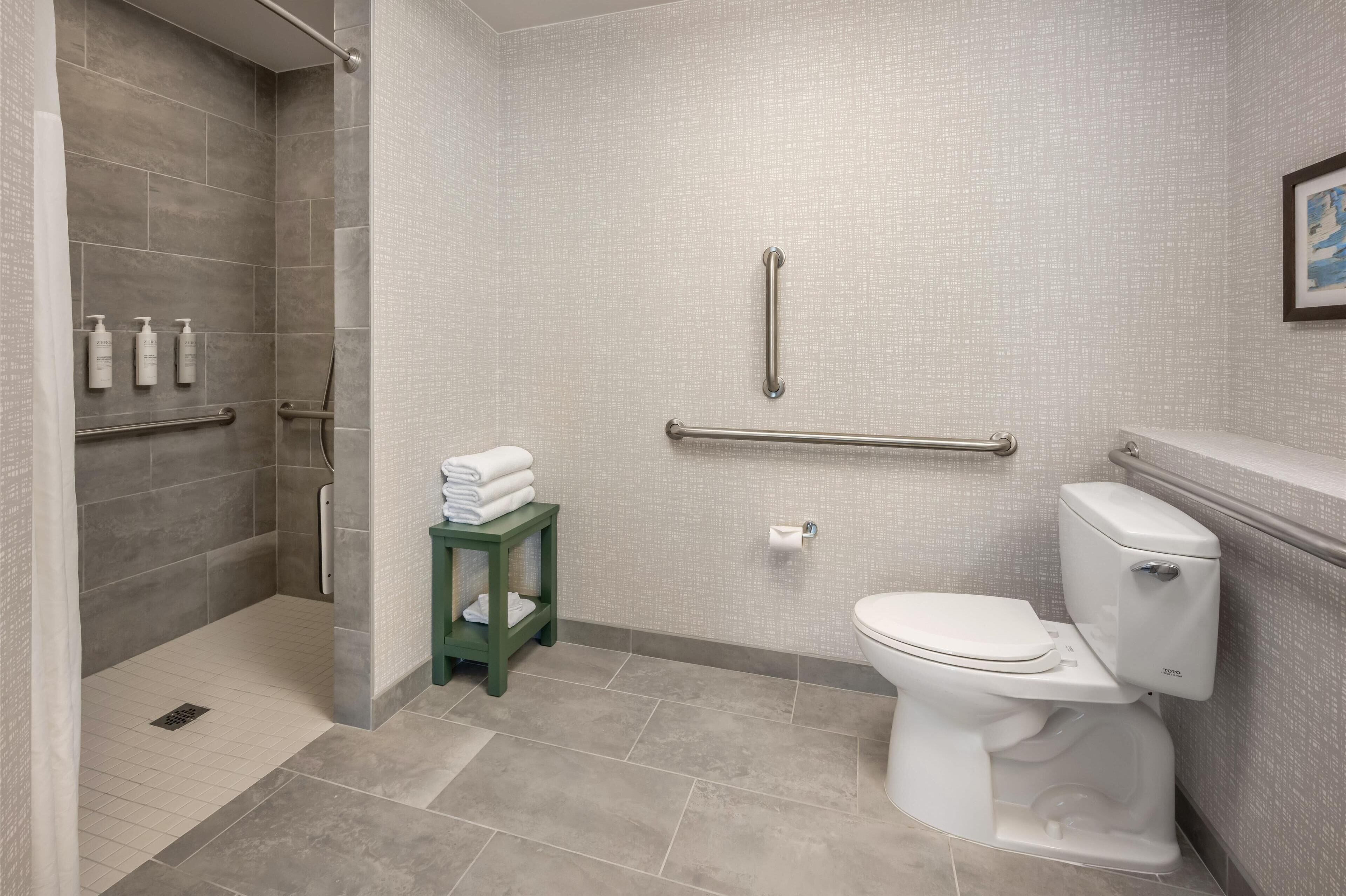 A bathroom with a shower, toilet, and handrails.