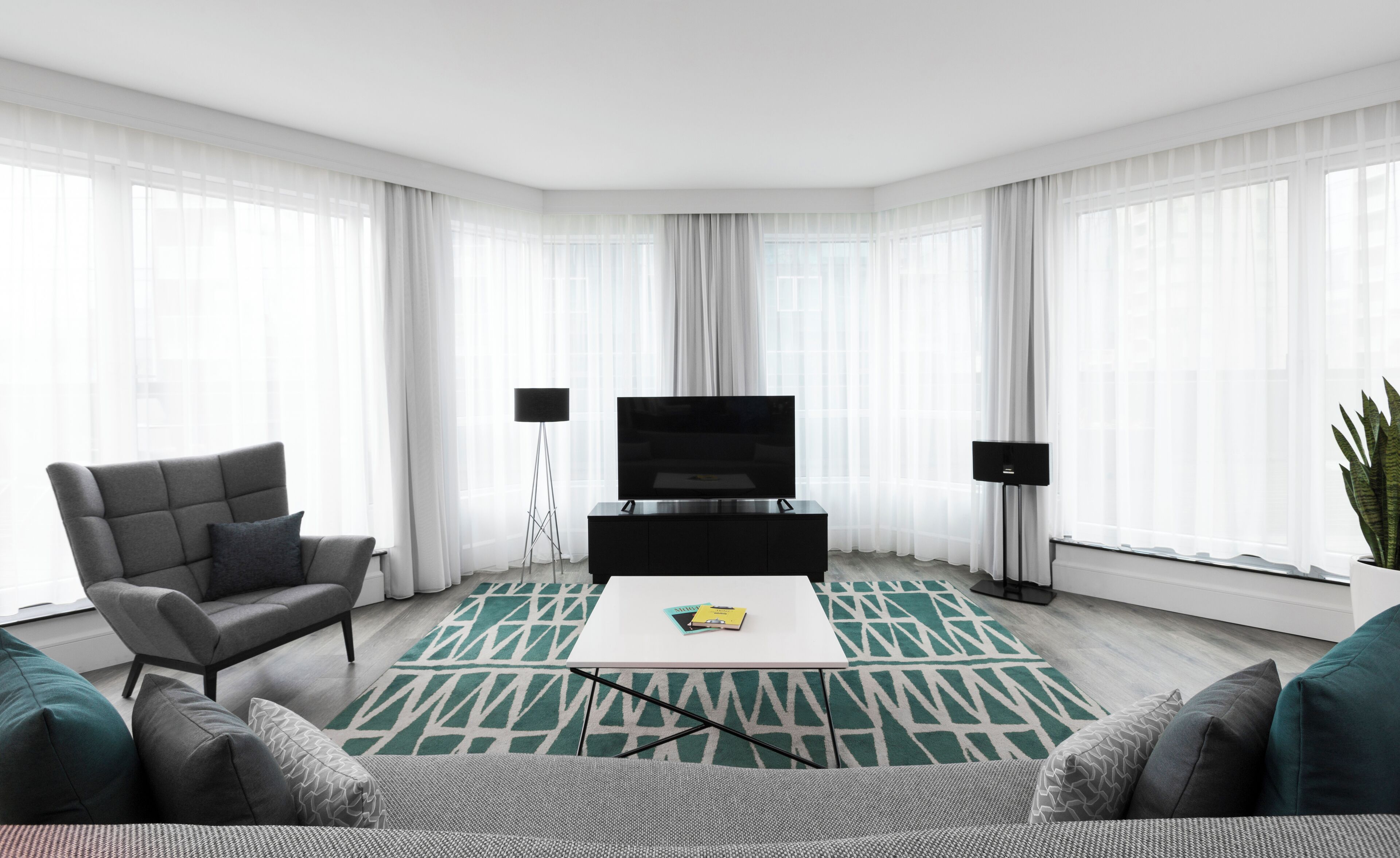 Una sala de estar moderna con un televisor de pantalla plana sobre un soporte negro, un sofá gris, un tapete estampado y cortinas translúcidas en ventanas grandes.