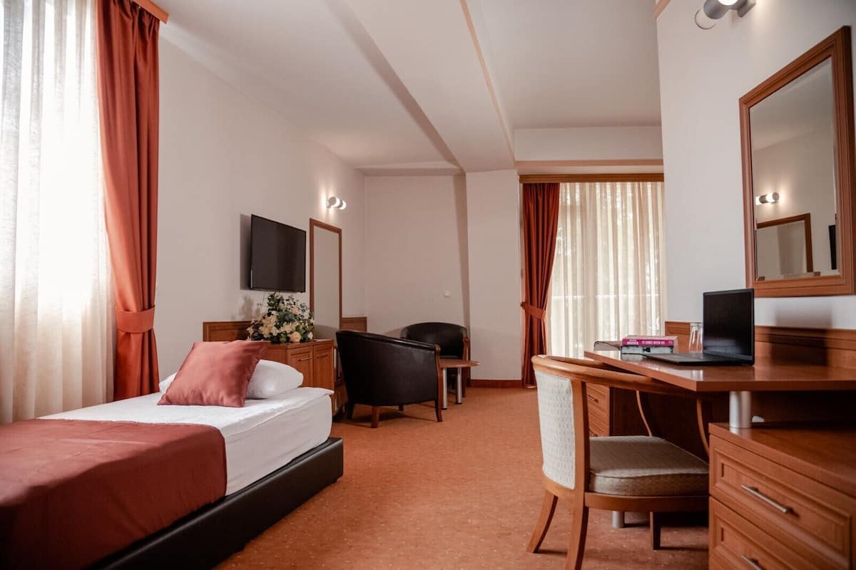 A hotel room with a bed, a desk, a chair, a TV, and a mirror.