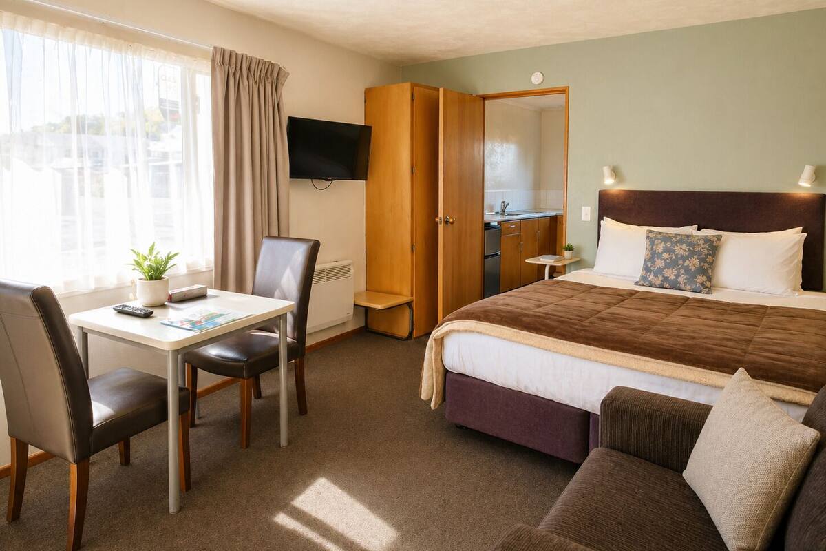 A hotel room with a bed, a desk with a chair, a TV, a wardrobe, and a small table with a plant.