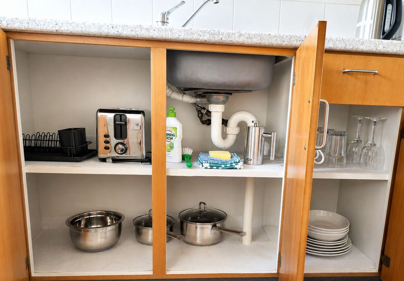 A kitchen with a toaster, pots, a sink, and a dish rack.