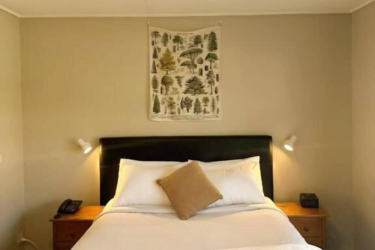A hotel room with a bed, a nightstand, a wall-mounted tapestry, and a ceiling light.
