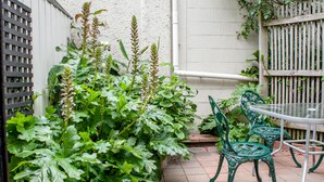 Un patio con una mesa y sillas, rodeado de abundante vegetación y una valla de madera.