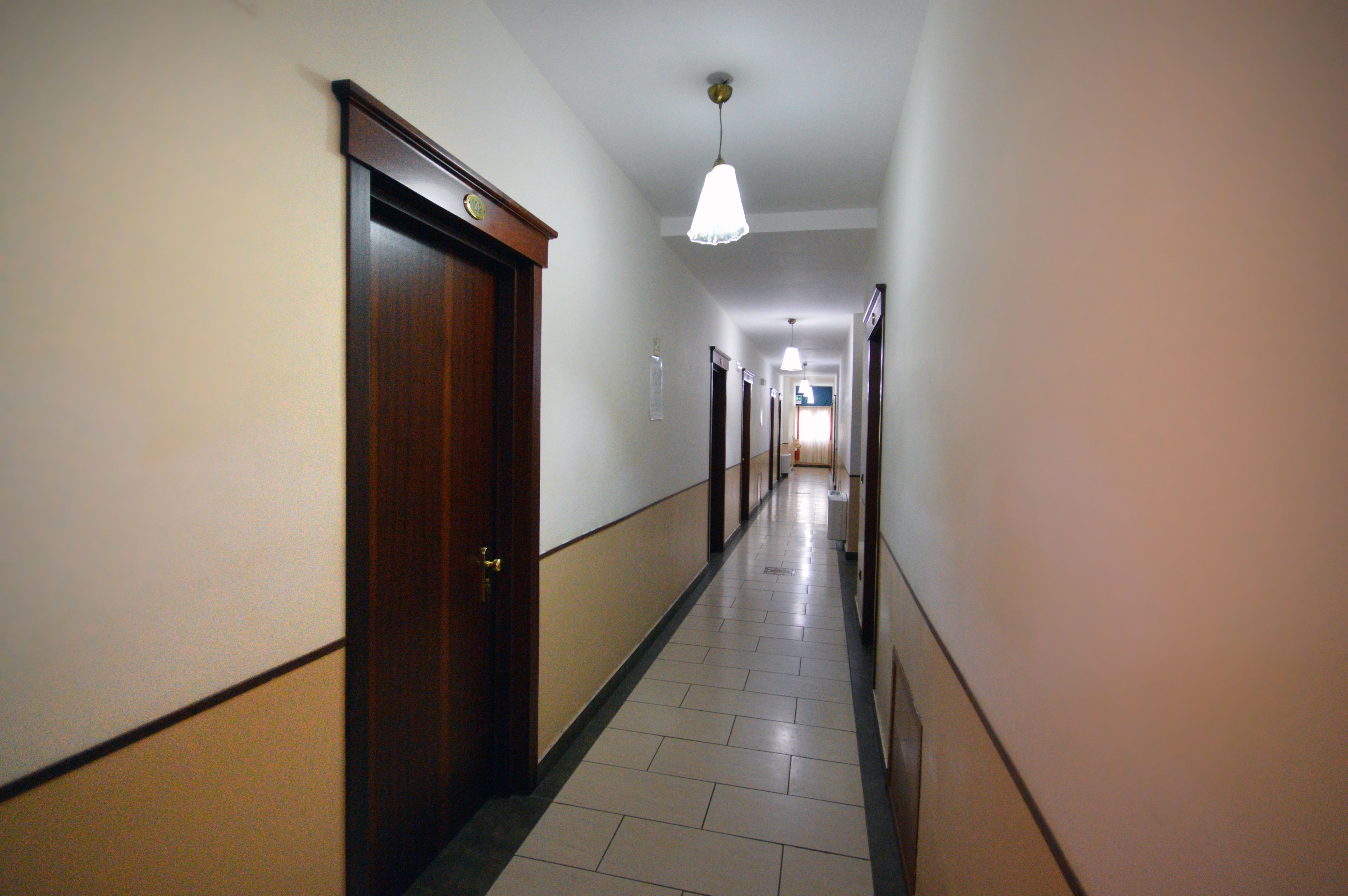 A long, narrow hallway with wooden doors and a white ceiling light.