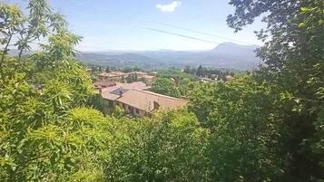A view of a rural landscape with houses and trees.