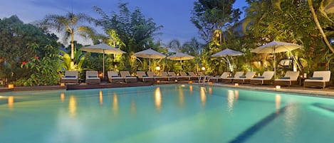 Outdoor pool, pool umbrellas, pool loungers