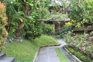 A stone pathway winding through a lush garden with various plants and trees, leading to a building with a thatched roof.