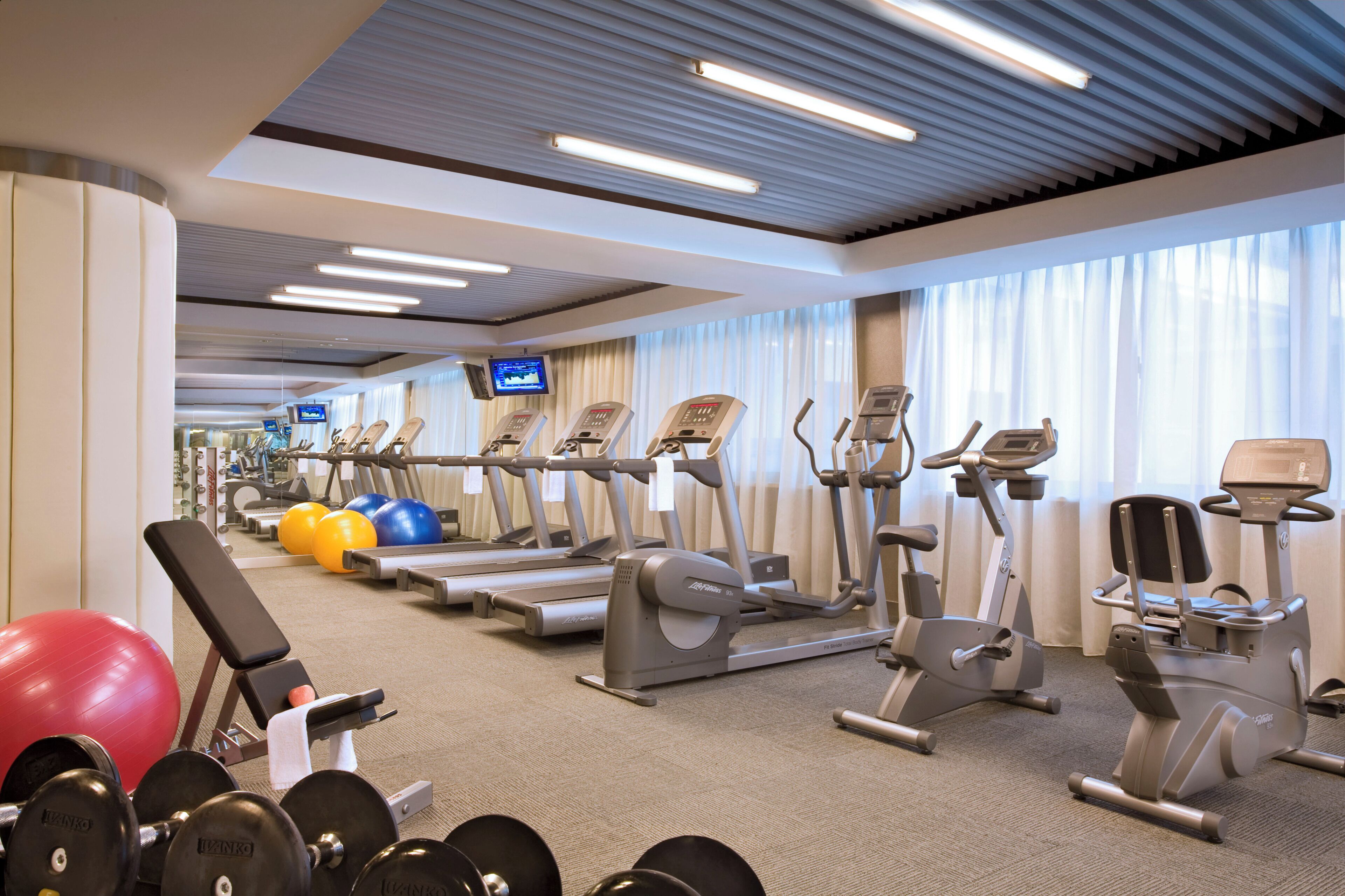 A gym with treadmills, elliptical machines, and free weights.