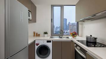 A modern kitchen with a built-in washer, a sink, and a stove.