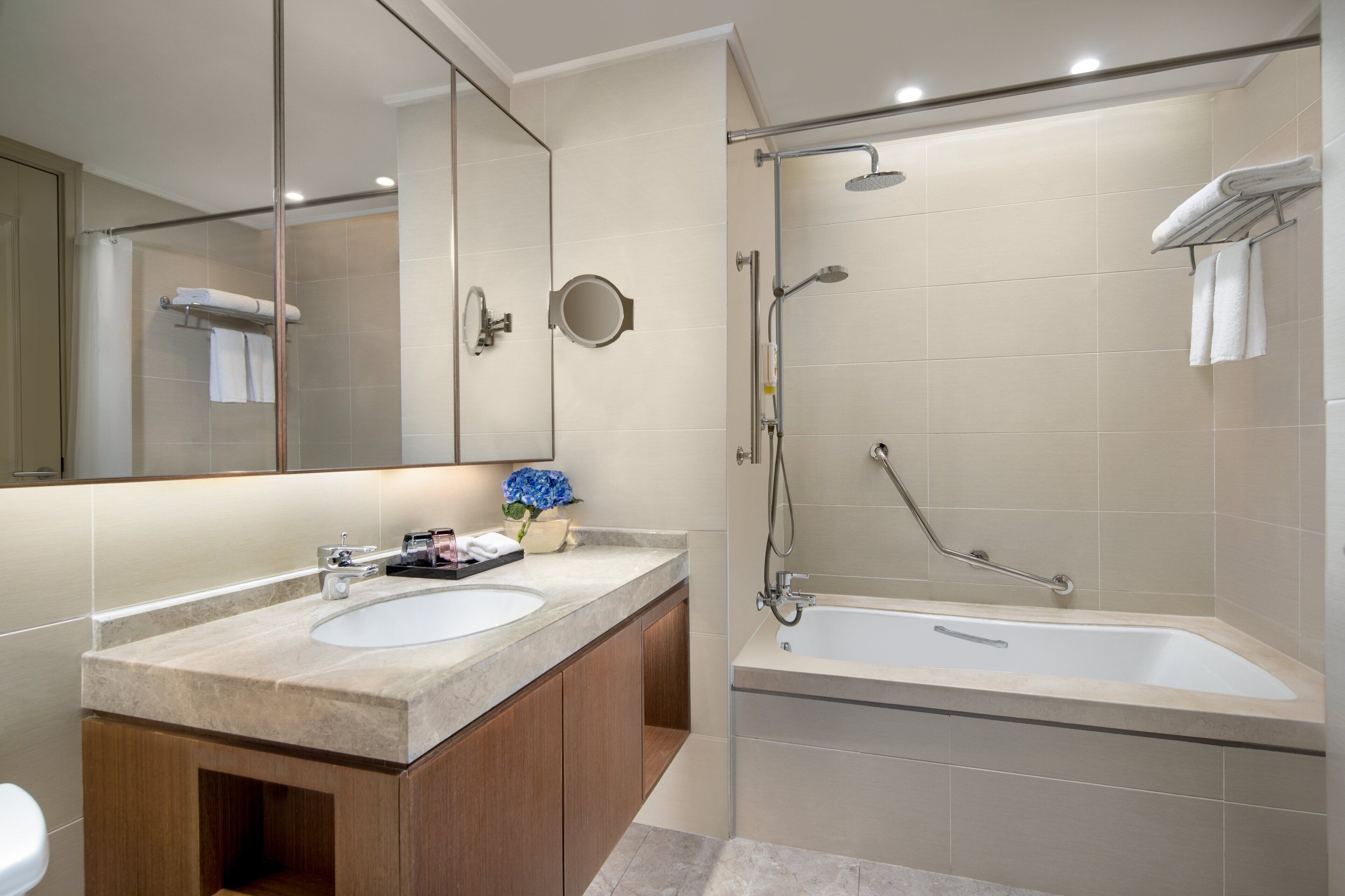 A modern bathroom with a large mirror, two sinks, a bathtub, and a shower.