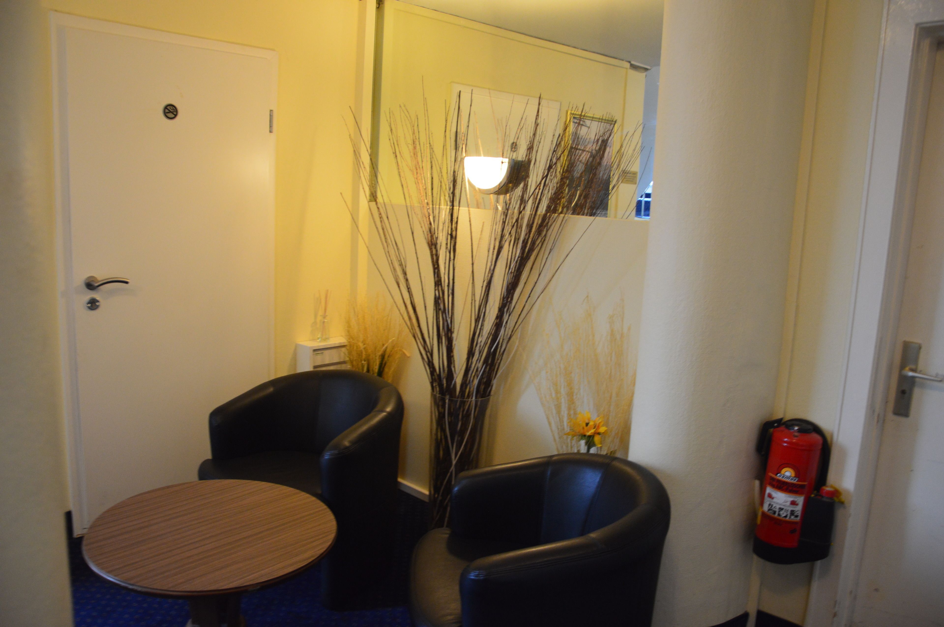 A hotel room with a door, two black armchairs, a small round table, a vase with yellow flowers, a tall decorative plant, a wall-mounted light, and a fire extinguisher.
