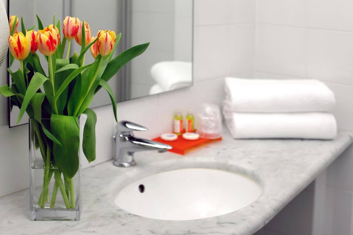 designer toiletries, hair dryer, bidet, towels