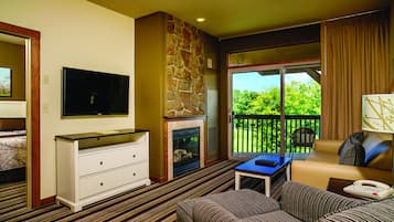 The Lodge at Cedar River, Shanty Creek Resort : One-Bedroom Suite | Living room | Flat-screen TV, fireplace