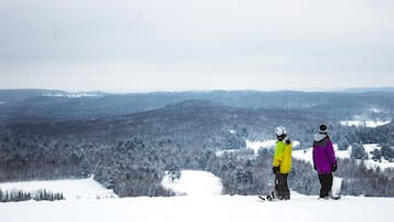 Two people standing on a snowy hill overlooking a forested valley.