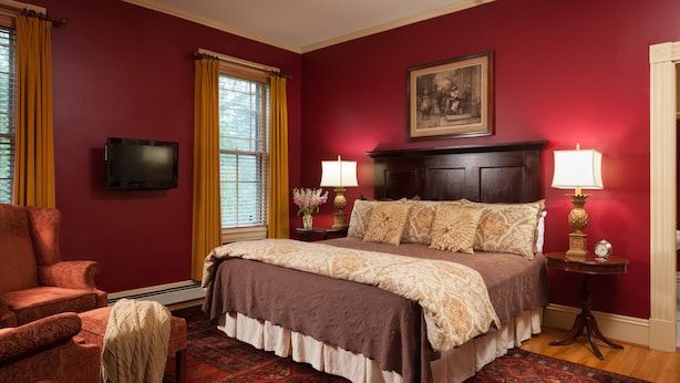 A bedroom with a large bed, two bedside lamps, a television, and a painting on the wall. - Lang House On Main Street (Burlington)