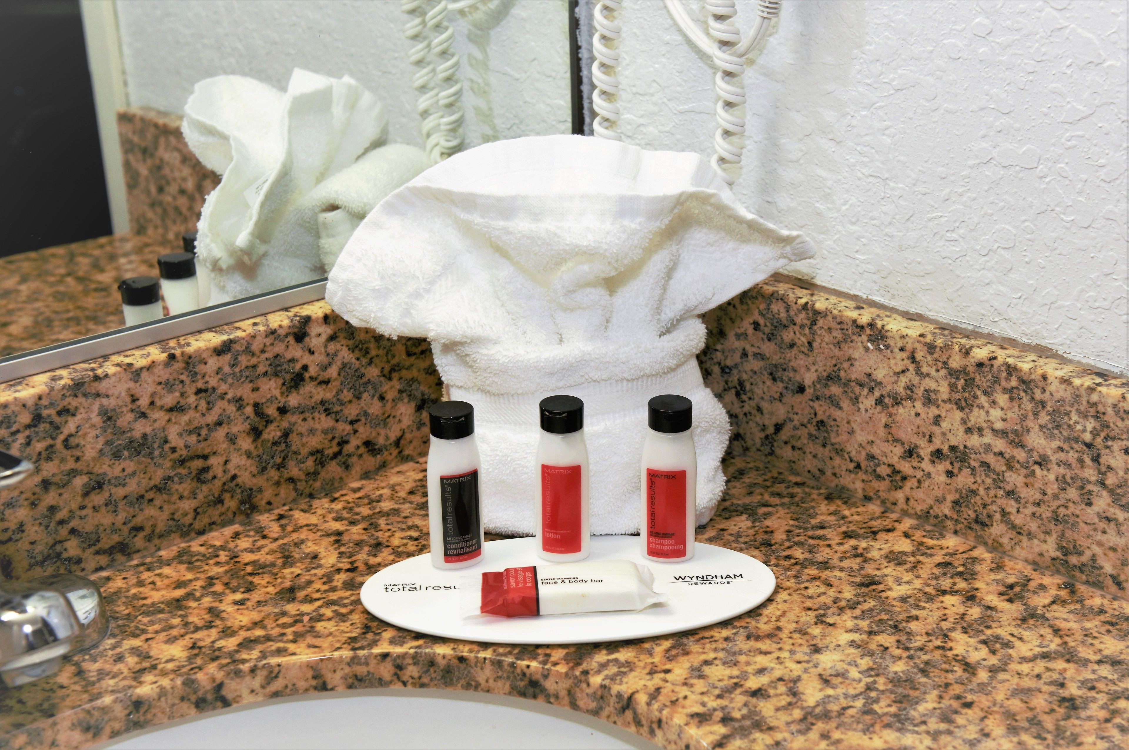 combined shower/bathtub, free toiletries, hair dryer, towels