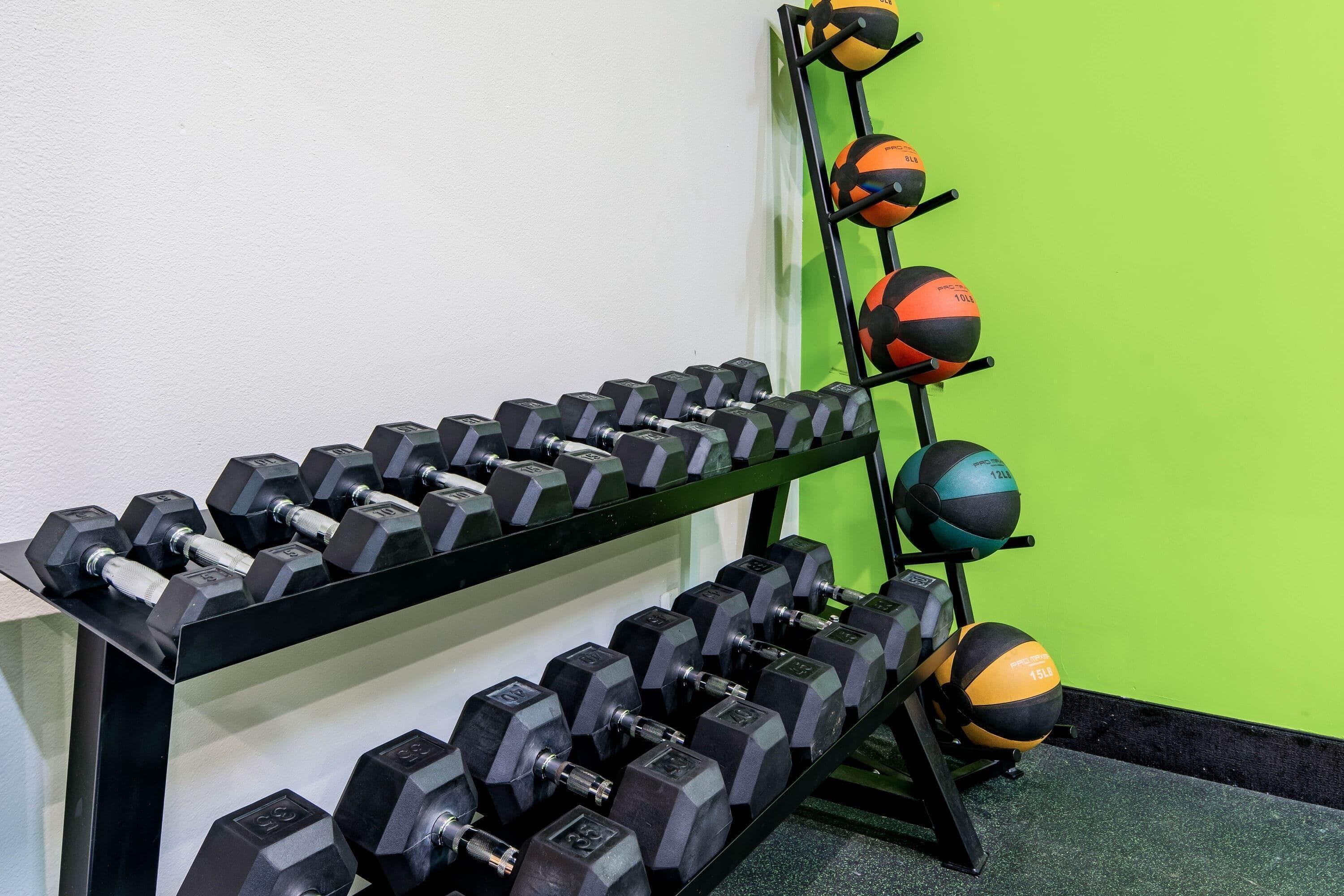 A rack of dumbbells and medicine balls against a green wall.