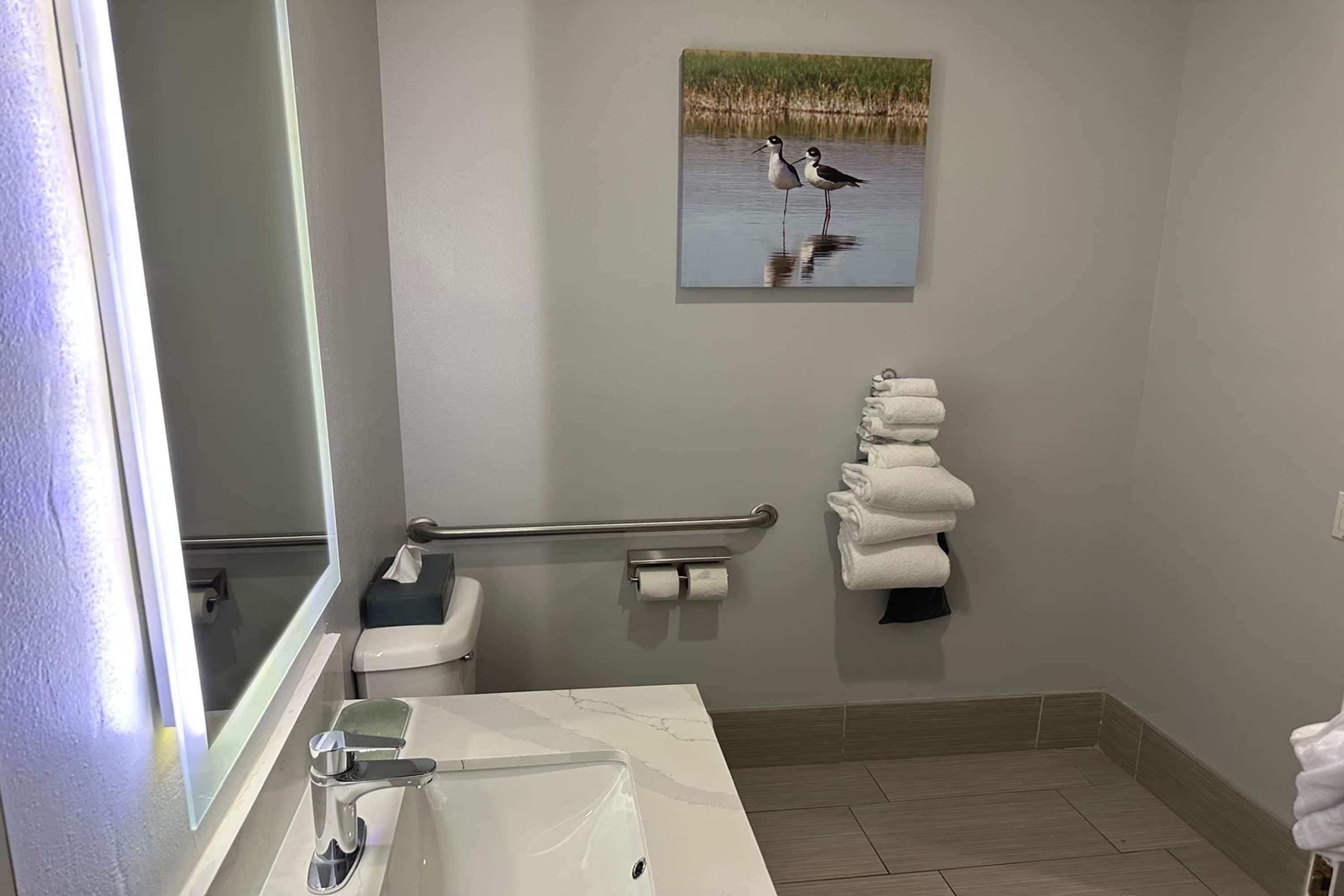 Un baño con un lavamanos blanco, un espejo, un inodoro, un pasamanos y un perchero con toallas.