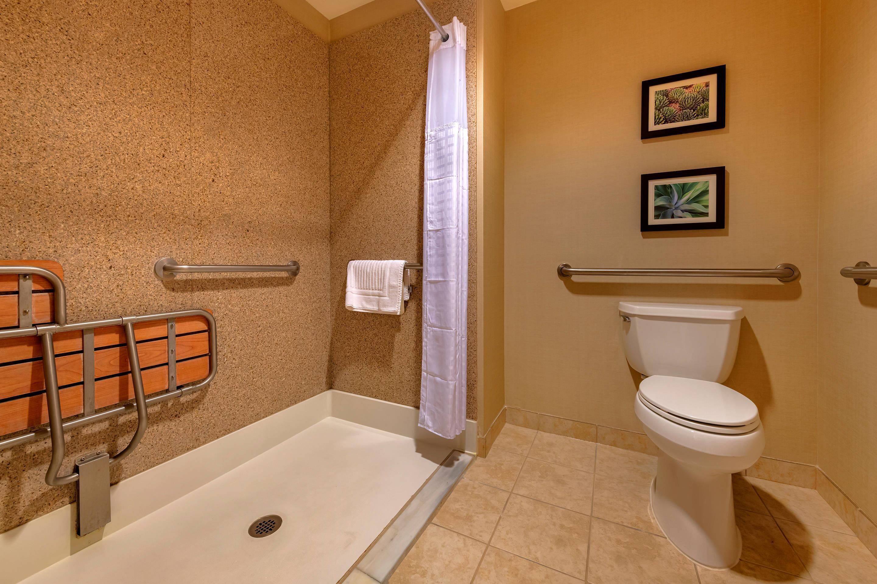A bathroom with a bathtub, toilet, shower curtain, and two framed pictures on the wall.